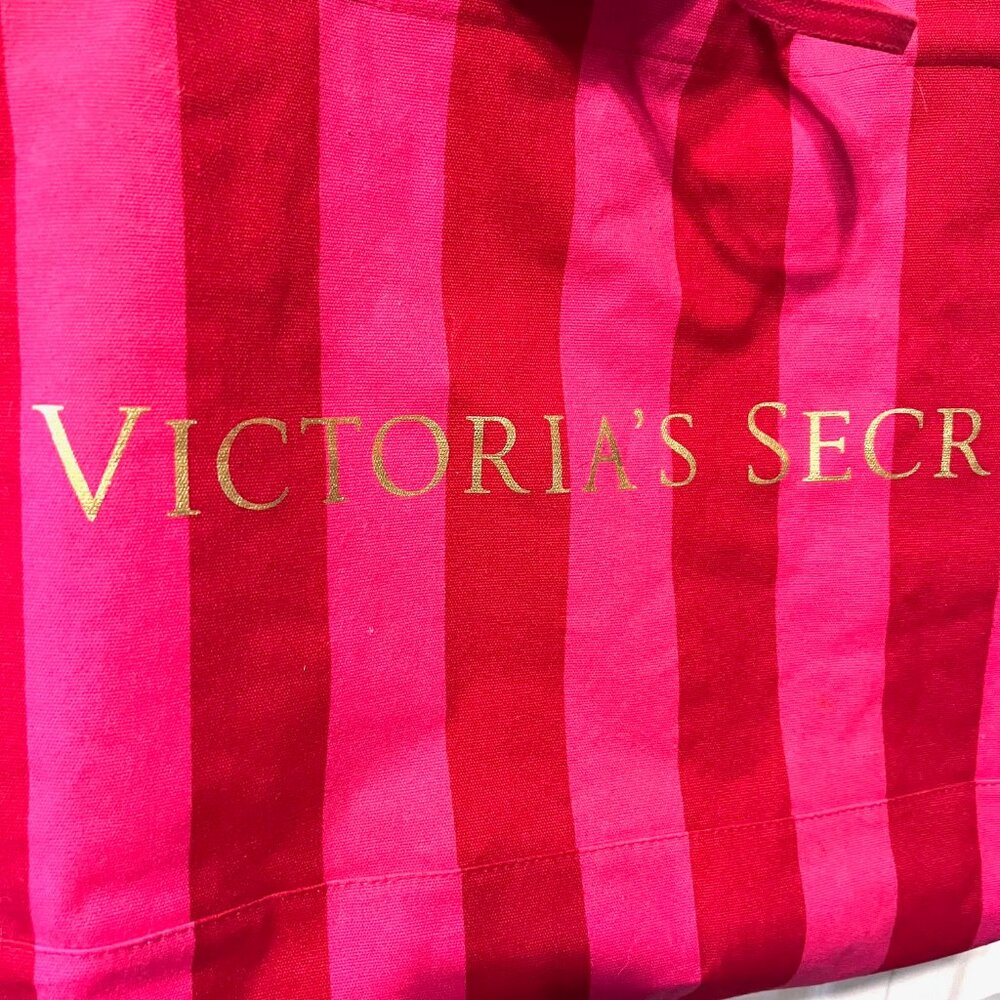 Victoria's Secret Iconic Pink/Red/Gold Striped Canvas Large Tote-Bonus Small One - Picture 4 of 16